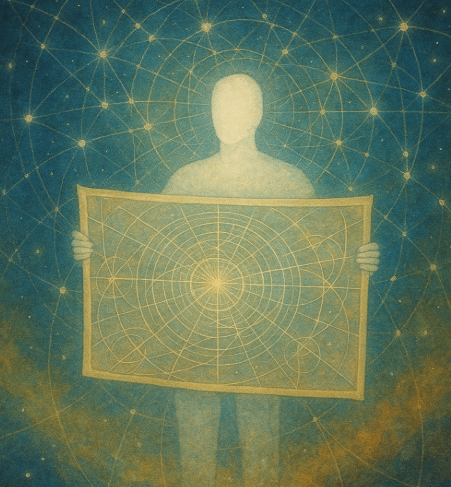An artist representation of a non-physical soul looking over a soul blueprint