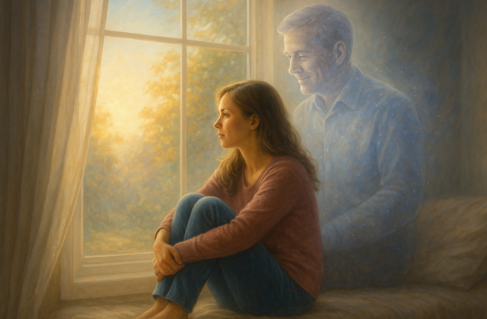 Artist's impression of a young woman sitting looking out of a window and a spirit of her father looking kindly at her as an explanation for ghosts and spirits