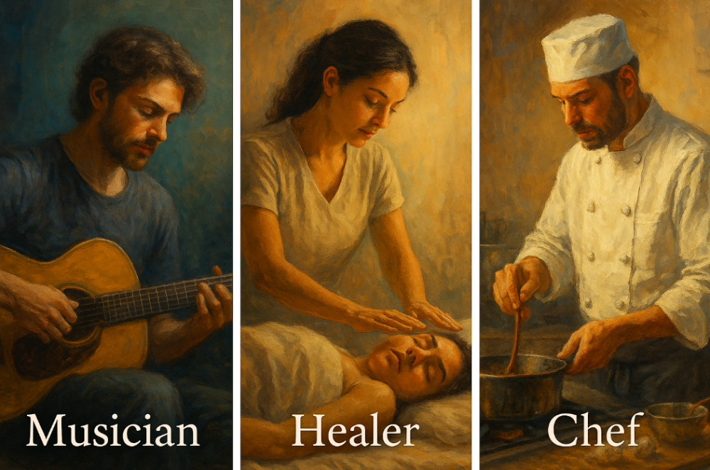 artist's impression of a musician, a healer and a chef to represent life purpose