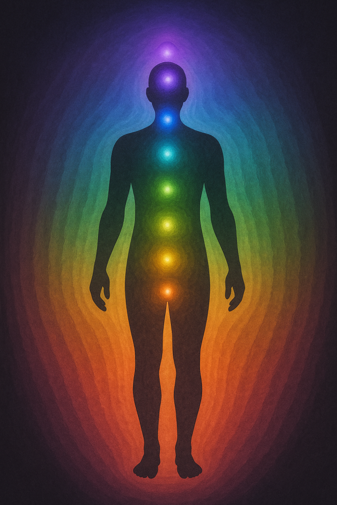 graphic showing a human energy body with chakras