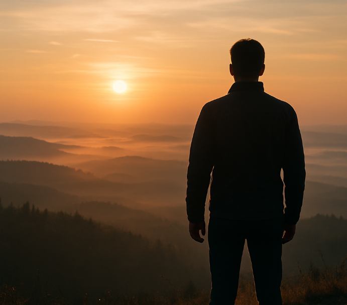 Man looking at a sunset questioning "Why am I here?"
