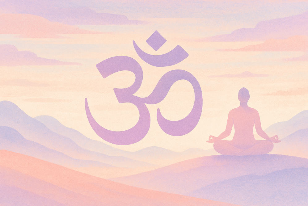 Pastel coloured image of the symbol OM and a person meditating seen in a tranquil landscape