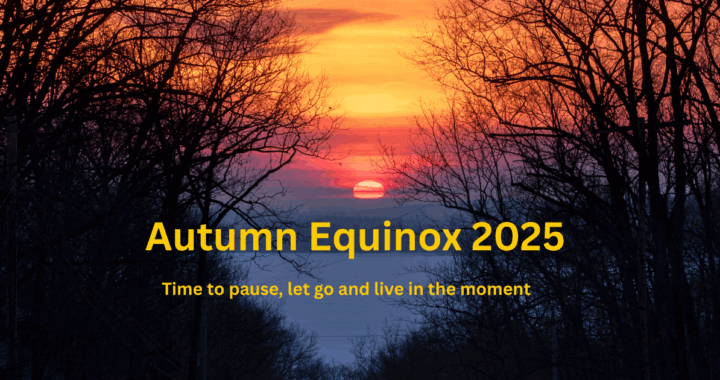 A sun rise shown between two silhouetted trees with text overlay about Autumn Equinox