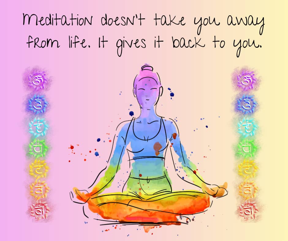 colourful graphic of a girl meditating with chakra symbols surrounding her