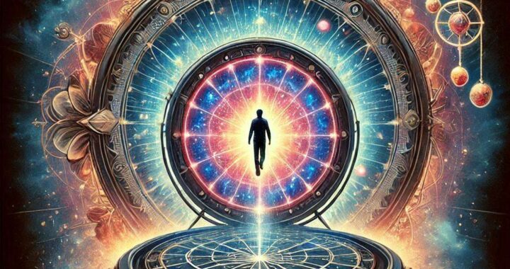 A man in the centre of a colourful mandala representing him as the centre of his universe attracting things through the law of attraction