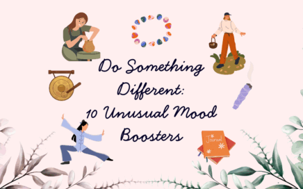 Graphics of unusual mood boosters such as smudging, Tai Chi, and pottery to illustrate things you can do to boost your mood