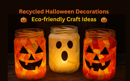 DIY Halloween decorations showing paper covered glass jars with Halloween faces