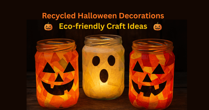 DIY Halloween decorations showing paper covered glass jars with Halloween faces