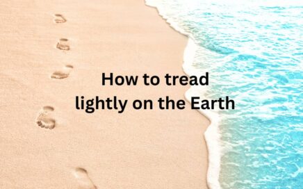 Waves gently breaking on a sandy beach, with some footsteps seen in the sand. Text overlay says "How to tread lightly on the Earth"