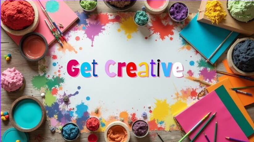 A table top strewn with paints, sketchbooks and pencils with text saying