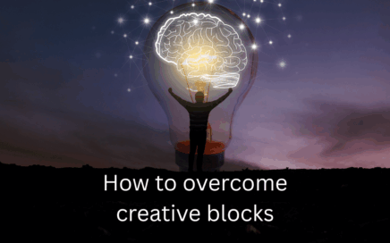 A silhouetted man standing by an enormous light bulb against a midnight sky to represent overcoming creative blocks