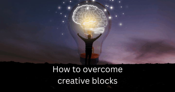 A silhouetted man standing by an enormous light bulb against a midnight sky to represent overcoming creative blocks