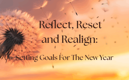 a dandelion head blowing in the wind silhouetted against a sunset with text overlay about setting goals for the new year