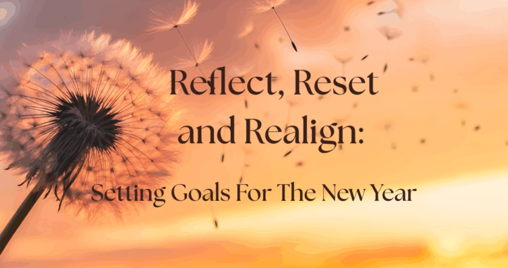 a dandelion head blowing in the wind silhouetted against a sunset with text overlay about setting goals for the new year