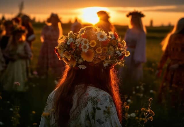 A woman with a floral headdress watches a sunrise on winter solstice
