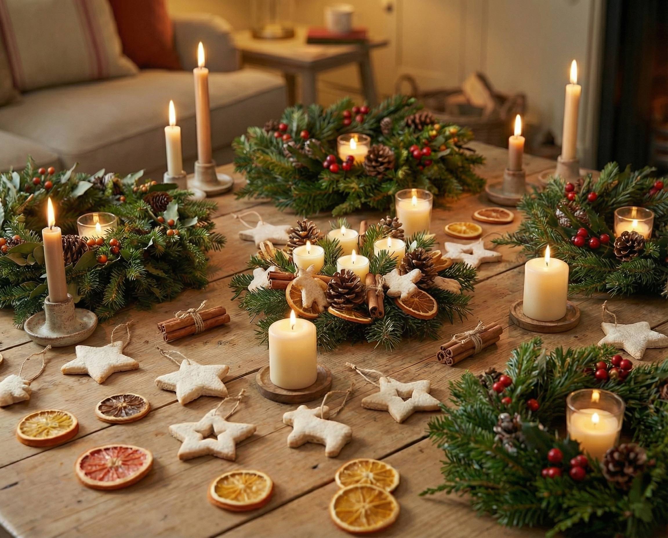Some simple homemade yule decorations on a table such as evergreens, candles and saltdough ornaments