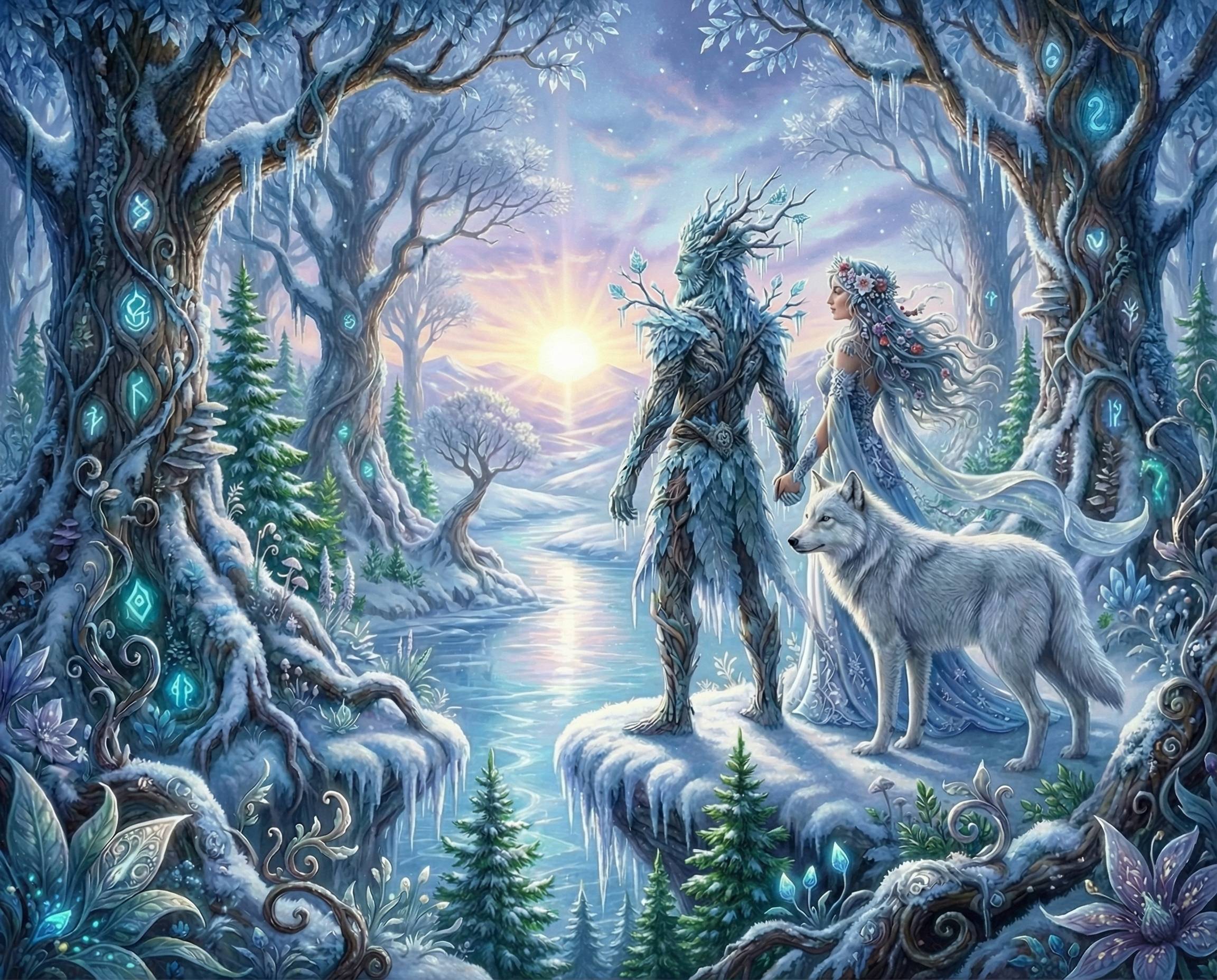 The Green Man and Lady watch a winter solstice sunrise - fantasy image