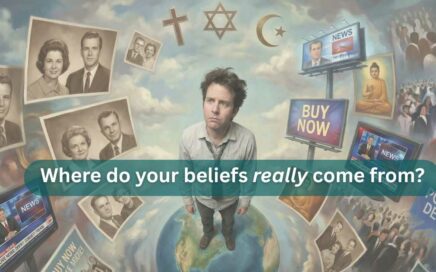A man surrounded by influences from his life, looking confused, with text overlay saying "Where do your beliefs really come from?"