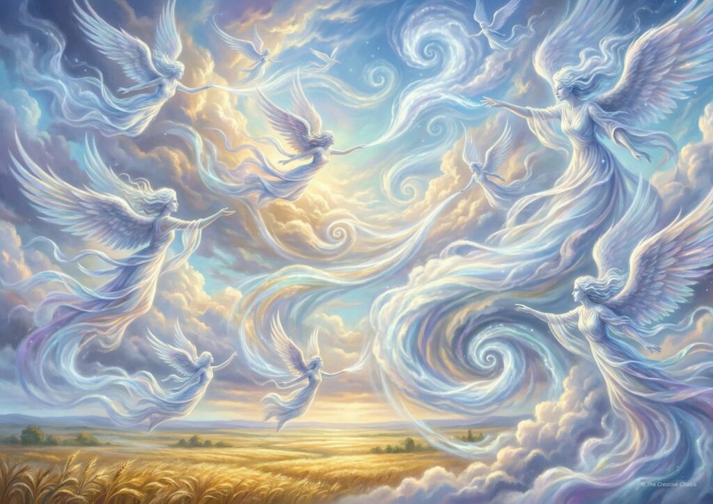 Air Elemental printable wall art depicting ethereal angelic figures swirling through the sky, symbolising clarity, inspiration, and spiritual elevation.