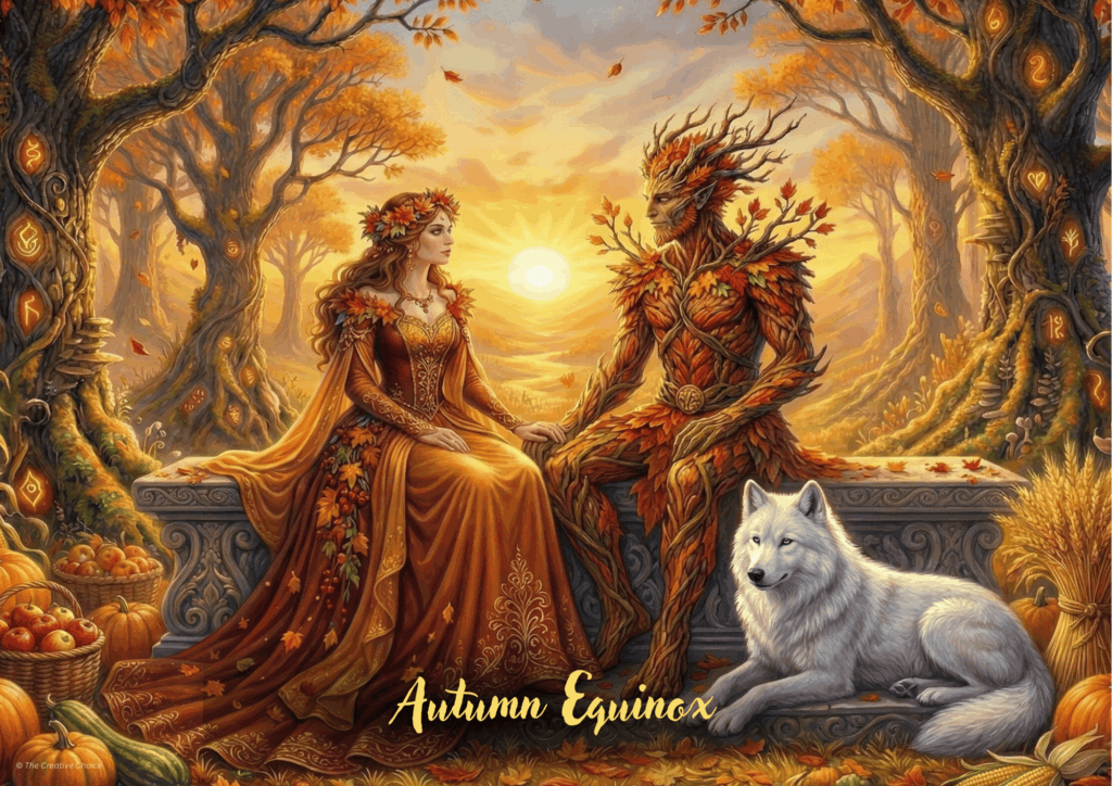 Autumn Equinox fantasy artwork of a woman in rich autumn robes sitting beside an autumnal tree being on a stone bench, with a white wolf resting nearby, surrounded by golden leaves and harvest colours at sunset.