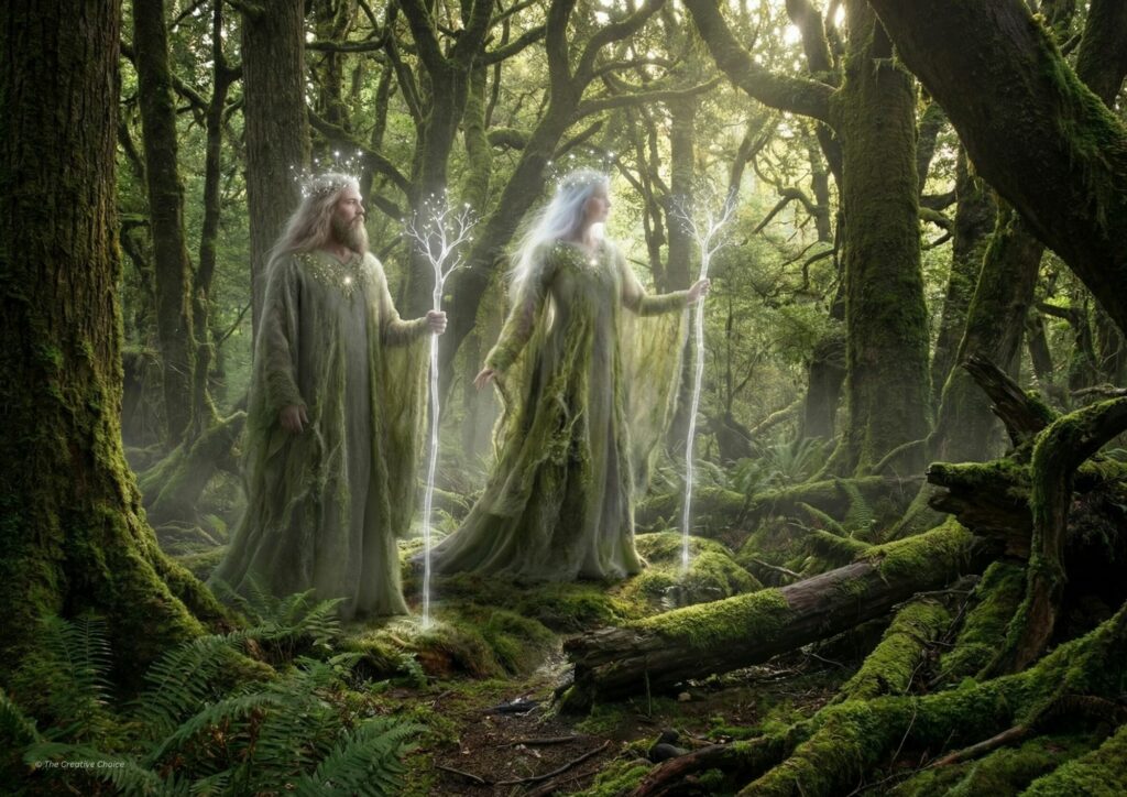 Earth Elemental printable wall art featuring forest guardians holding glowing staffs in an ancient woodland setting, symbolising grounding and connection to nature.