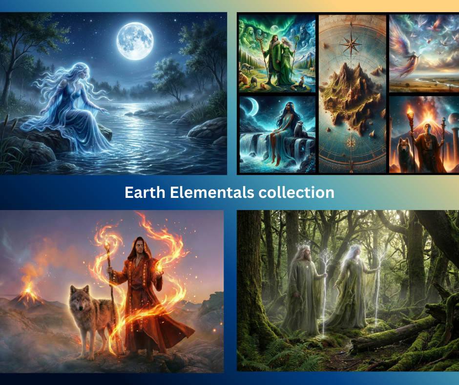 image showing 4 representations of fantasy art showing Earth elementals such as water, fire air and Earth.