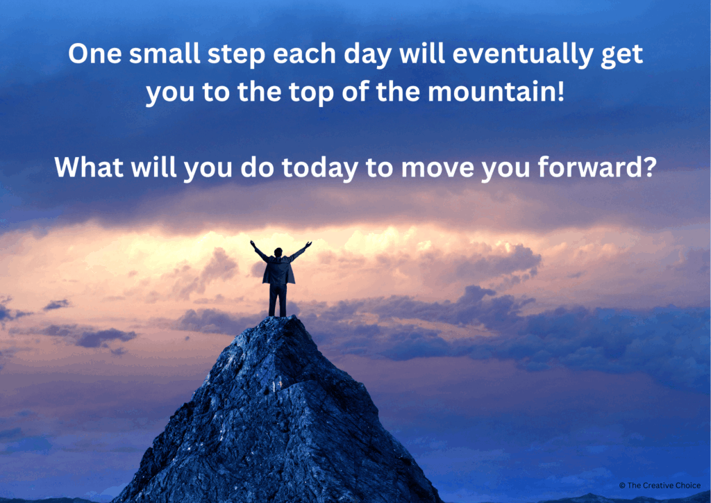 Motivational printable wall art showing a person standing on a mountain peak with arms raised and an inspirational quote about taking one small step each day toward success.