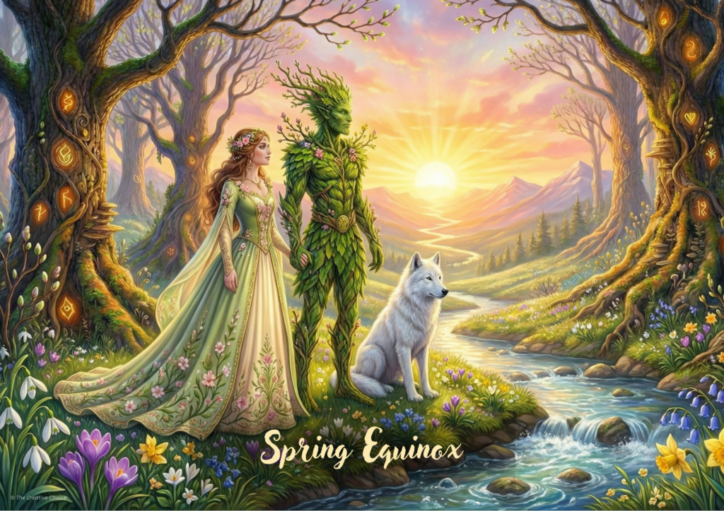 Spring Equinox wall art showing a woman and a green leafy ‘Green Man’ figure standing in a spring woodland beside a river at sunrise, with a white wolf and spring flowers