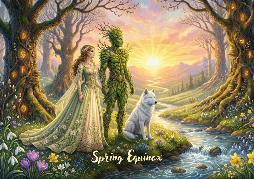 Spring Equinox fantasy artwork of a woman in a flowing green dress standing beside a tree-like nature being, with a white wolf by a stream at sunrise, surrounded by flowers and fresh green woodland.