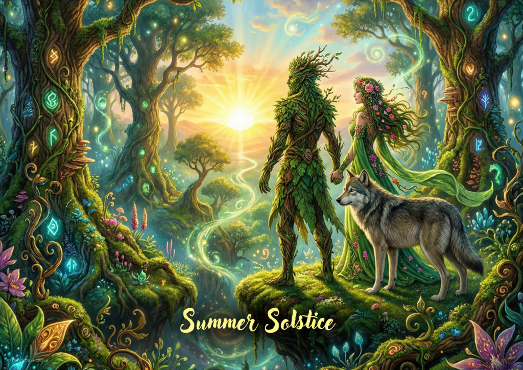 Summer Solstice fantasy artwork of a green woodland spirit and a woman with flowers in her hair standing together in a glowing forest clearing, with a wolf beside them and swirling magical light at sunrise.