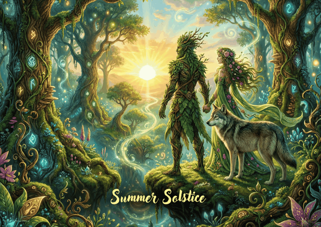 Summer Solstice fantasy artwork of a green woodland spirit and a woman with flowers in her hair standing together in a glowing forest clearing, with a wolf beside them and swirling magical light at sunrise.