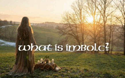 A Celtic woman standing on a hill watching the sunrise, with candles and other Earth symbols. Text overlay saying "What is Imbolc?"