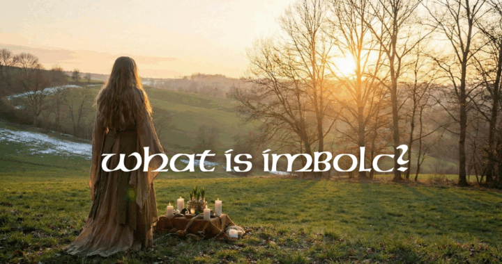 A Celtic woman standing on a hill watching the sunrise, with candles and other Earth symbols. Text overlay saying "What is Imbolc?"