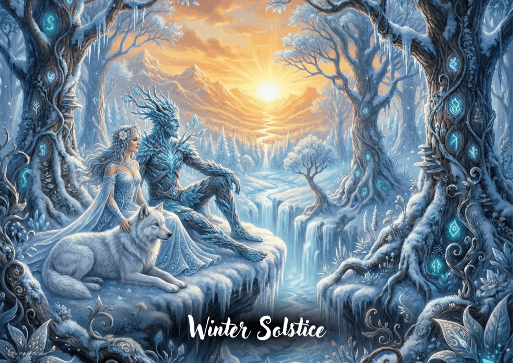 Winter Solstice fantasy artwork of an icy blue winter spirit and a woman in a pale blue gown sitting on a frozen ledge with a white wolf, overlooking a snowy landscape and frozen waterfall at sunrise.
